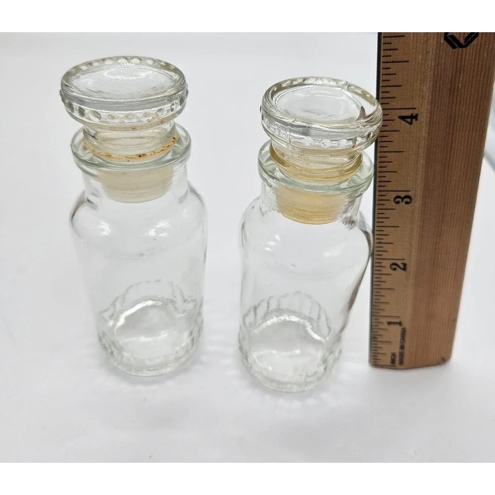 Vintage Made in Japan Clear Glass Apothecary Spice Bottles Beaded Stopper Set 2